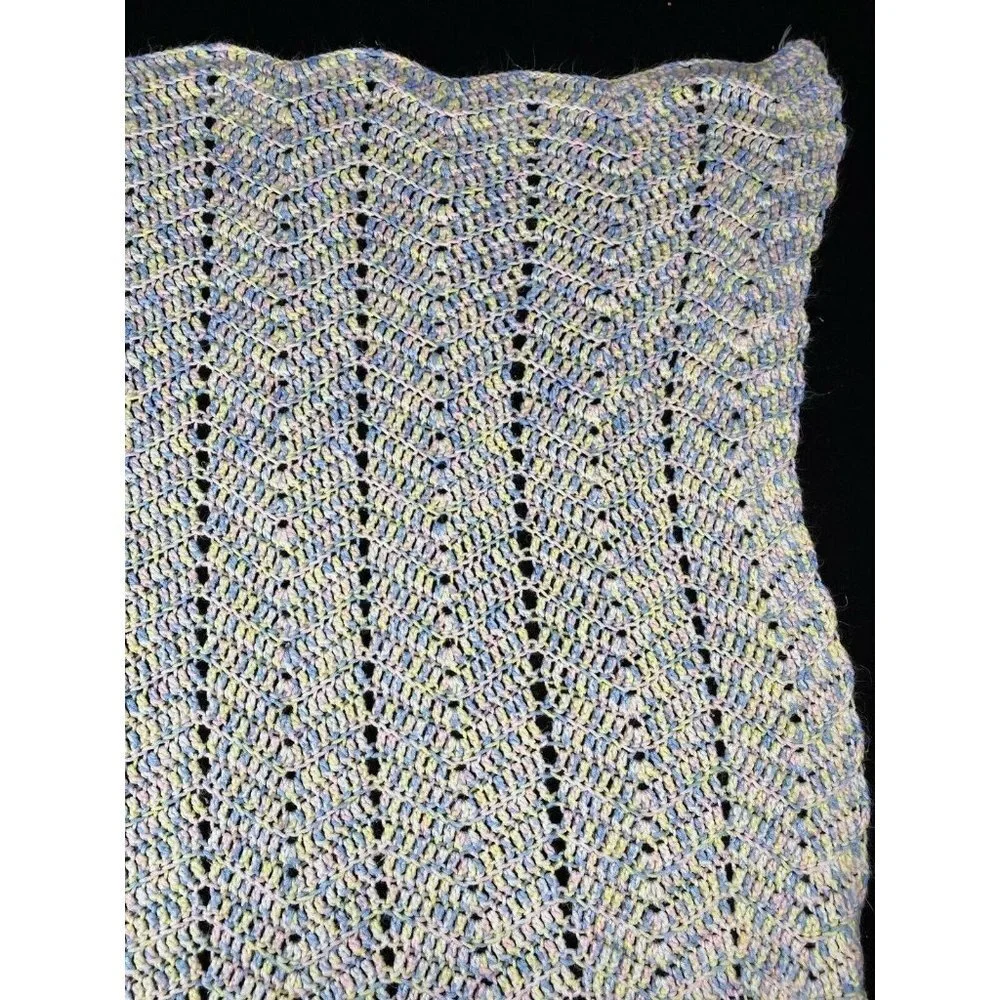 Vintage Hand Crocheted Afghan Chair Throw Baby Blanket 53x36 Pastel Boho Cottage